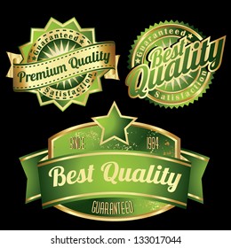 premium quality vintage labels with ribbons in gold deep green color