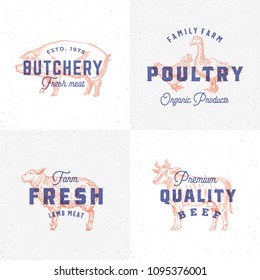 Premium Quality Vintage Meat and Poultry Labels. Retro Print Effect Emblems. Abstract Vector Sign, Symbol or Logo Template Set. Hand Drawn Cow, Pig, Lamb, Goose and Chicken Sillhouettes. Isolated.