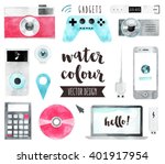 Premium quality watercolor icons set of smart media devices and personal gadgets. Hand drawn realistic vector decoration with text lettering. Flat lay watercolor objects isolated on white background.