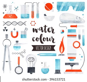 Premium quality watercolor icons set of science laboratory research, lab test tubes. Hand drawn realistic vector decoration, text lettering. Flat lay watercolor objects isolated on white background.