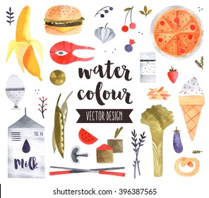 Premium quality watercolor icons set of various healthy food, fruits and vegetables. Hand drawn realistic vector decoration, text lettering. Flat lay watercolor objects isolated on white background.