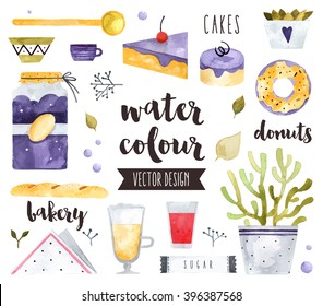 Premium quality watercolor icons set of homemade sweets, bakery food and desserts. Hand drawn realistic vector decoration with text lettering. Flat lay watercolor objects isolated on white background