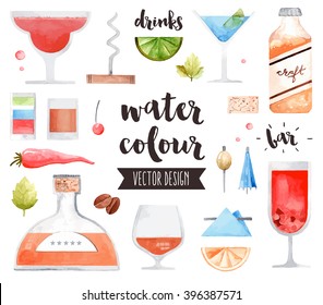 Premium quality watercolor icons set of alcohol drinks and various bar cocktails. Hand drawn realistic vector decoration with text lettering. Flat lay watercolor objects isolated on white background.