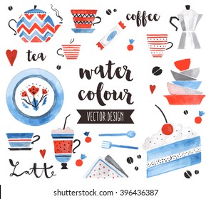 Premium quality watercolor icons set of traditional tea pot, bright ceramic plates. Hand drawn realistic vector decoration with text lettering. Flat lay watercolor objects isolated on white background