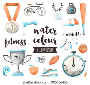 Premium quality watercolor icons set of sports awards and fitness activity benefits. Hand drawn realistic vector decoration, text lettering. Flat lay watercolor objects isolated on white background.