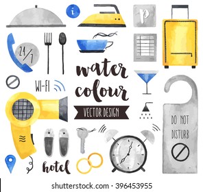 Premium quality watercolor icons set of hotel services, apartments room suit key. Hand drawn realistic vector decoration with text lettering. Flat lay watercolor objects isolated on white background.