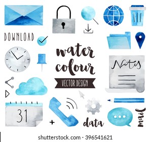 Premium quality watercolor icons set of global communication, business connection. Hand drawn realistic vector decoration with text lettering. Flat lay watercolor objects isolated on white background.