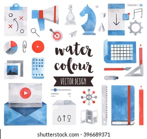 Premium quality watercolor icons set of business strategy concept, marketing tools. Hand drawn realistic vector decoration with text lettering. Flat lay watercolor objects isolated on white background