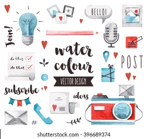 Premium quality watercolor icons set of social media content posting and blogging. Hand drawn realistic vector decoration with text lettering. Flat lay watercolor objects isolated on white background.