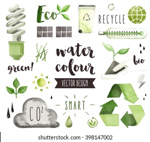 Premium quality watercolor icons set of environmental problem, green energy saving. Hand drawn realistic vector decoration with text lettering. Flat lay watercolor objects isolated on white background