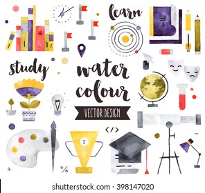 Premium quality watercolor icons set of study skills, school learning and education. Hand drawn realistic vector decoration with text lettering Flat lay watercolor objects isolated on white background