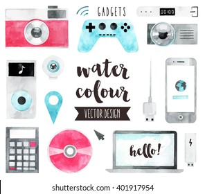 Premium quality watercolor icons set of smart media devices and personal gadgets. Hand drawn realistic vector decoration with text lettering. Flat lay watercolor objects isolated on white background.