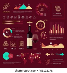 Premium quality wine infographic on vinous background. Modern web graphics linear icons. Simple chart symbol collection and vector pictogram pack.