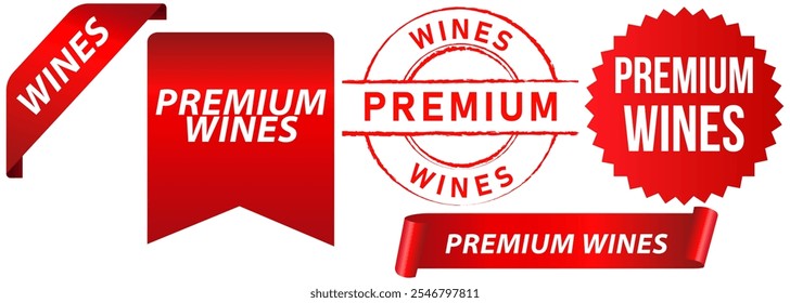 Premium Quality Wines Alcohol Drink Old Fancy Bebida Líquido Bebida alcohólica Sello rojo Insignias Emblema Etiqueta engomada Etiqueta Anuncio Botón Cinta Diseño Icono Conjunto colección