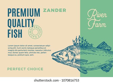 Premium Quality Zander. Abstract Vector Fish Packaging Design or Label. Modern Typography and Hand Drawn Pikeperch Silhouette Background Layout.