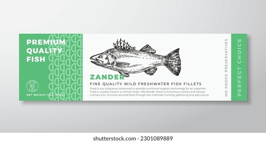 Premium Quality Zander Vector Packaging Label Design Modern Typography and Hand Drawn Freshwater Pikeperch Fish Silhouette. Seafood Product Background Layout