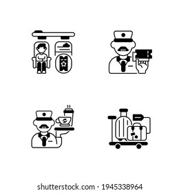 Premium railway service black linear icons set. Private accommodation, personal stewart and luggage delivery glyph contour symbols. First class railroad travel. Vector isolated outline illustrations