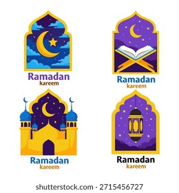 Emblemas premium do Ramadã com céu noturno, mesquitas e Alcorão. Vetores roxos e dourados de alta qualidade para saudações festivas e decorações religiosas.