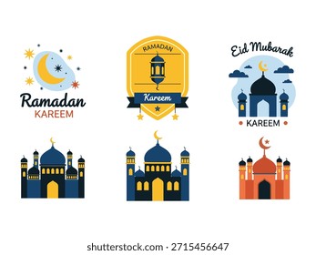 Premium Ramadan and Eid badges with mosque silhouettes and lanterns. High quality yellow, navy, and orange vectors for festive greeting labels.
