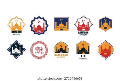 Insignias de Premium Ramadán y Eid con siluetas de mezquitas. Vectores de alta calidad azul marino, naranja y rojo para saludos festivos y etiquetas de celebración.