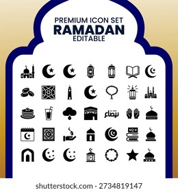 Premium Ramadan icon set featuring minimalist black-and-white line icons including mosque, crescent moon, lantern, Quran, dates, and Islamic ornaments, perfect for UI, apps, posters, and branding.