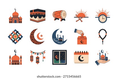 Premium Iconos de Ramadán con Kaaba, mezquita y salida del sol. Vectores de alta calidad para la marca de festividades religiosas y el diseño de celebración islámica.