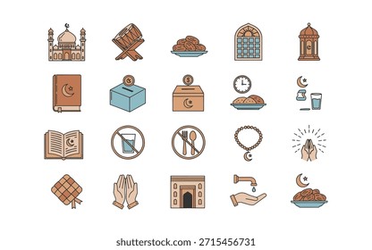 Iconos de Premium Ramadan con mezquitas, manos de oración, cajas de zakat y fechas. Vectores de alta calidad para rituales islámicos y diseño festivo de vacaciones.