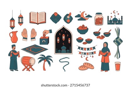 Ícones premium do Ramadã com mesquitas, lanternas, ketupat e personagens muçulmanos. Vetores de alta qualidade para saudações religiosas e projetos festivos.
