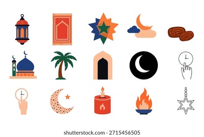 Iconos de Premium Ramadan con esteras de oración, relojes y linternas. Vectores naranja y azul marino de alta calidad para el momento religioso y el estilo de vida festivo.