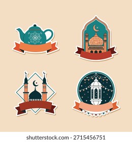 Etiquetas premium do Ramadã com mesquitas, lanternas e chaleiras. Adesivos de vetor de alta qualidade para etiquetas de presente, cartões de saudação e marca de feriado festivo.