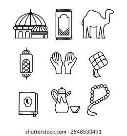 Premium conjunto de ícones de linha do Ramadã, coleção islâmica, gráficos vetoriais, ilustrações de logotipo, ícones de vetor muçulmano, sinais islâmicos, pictogramas de contorno, traço editável
