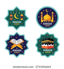 Pegatinas de Premium Ramadán con mezquita, Kaaba y Corán. Vectores planos de alta calidad para saludos festivos y etiquetas de celebración islámica.