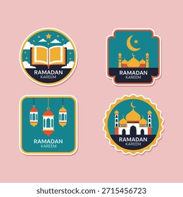Pegatinas de Premium Ramadán con mezquitas, faroles y el Sagrado Corán. Insignias de Vector de alta calidad para saludos festivos y decoraciones digitales.