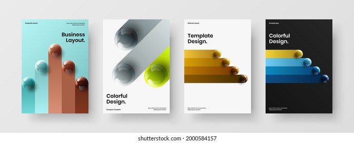 Premium realistic balls front page illustration set. Multicolored pamphlet design vector template bundle.