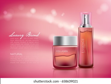 Premium realistic cosmetic set on sparkle shiny pink background