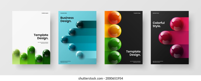 Premium realistic orbs booklet template collection. Geometric leaflet vector design concept composition.