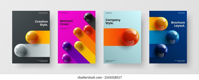 Premium realistic spheres leaflet layout bundle. Amazing cover A4 vector design illustration set.