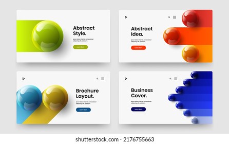 Premium realistic spheres pamphlet template set. Clean web banner design vector concept bundle.