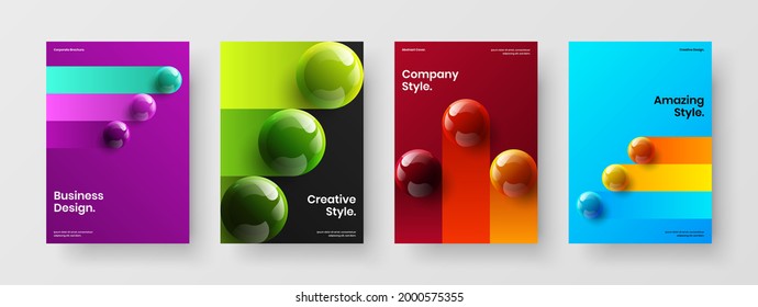 Premium realistic spheres presentation template bundle. Isolated pamphlet A4 vector design illustration set.