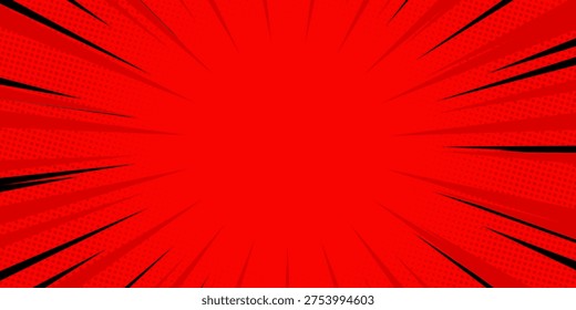 Premium Red Abstract Background Featuring Comic Speed Lines and Halftone Dot Texture. Dynamic Pop Art Style Vector for Superhero Action, Manga Explosion Concept, Creative Big Sale Promotion, Urgent Breaking News Banner, and Motion Design. Professional Backdrop with Radial Lines and Central Copy Space.