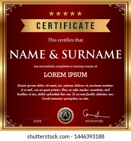 premium red certificate template design with golden lines and flower ornament

