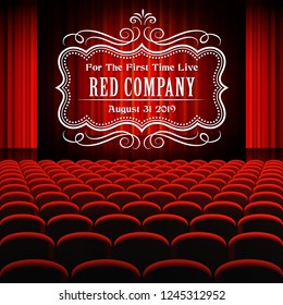Premium red curtains stage, theater or opera background, with text and frame for show ad