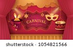 Premium Red and Gold Curtains stage with Circus Frame Border, Cloud and Hanging Carnival Mask, Drum, Rabbit in Magic hat and magic wand, Fun Fair, Theme festival, Paper art vector and illustration