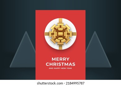 Premium red modern Merry Christmas greeting card white round gift box design realistic 3d icon vector illustration. Luxury Happy New Year poster traditional winter holiday celebration invitation cover