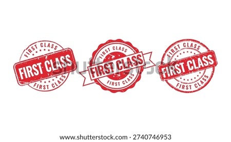 Premium red rubber stamp collection with first class text for high quality service and professional branding