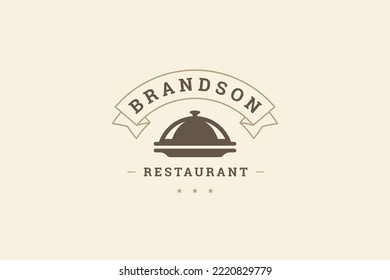 Premium restaurant catering food service vintage ribbon logo design template place for text vector illustration. Luxury cafe delicious meal cooking on covered serving plate with stars business emblem