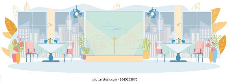 Premium Restaurant Interior for Solemn Events and Corporate Celebrations Interior. Luxury Banquet Hall with Stage for Entertainment Show or Greeting Speeches. Flat Cartoon Vector Illustration.