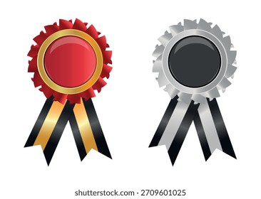 Conjunto de distintivos de prêmio rosette premium com caudas de fita em prata dourada e estilos de medalha vermelha