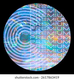 Premium round holographic label. Premium hologram for product quality assurance. Neon rainbow color realistic sticker. Vector illustration isolated on background