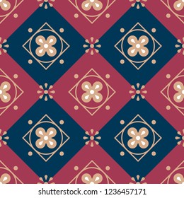Premium, royal style seamless pattern, decor, ornament, mozaic. Rich burgundy, blue and gold colors.